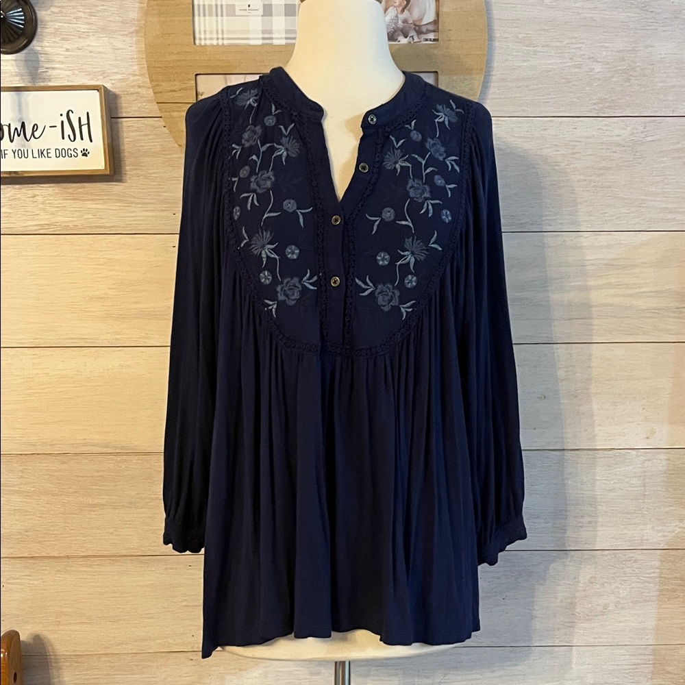 Knox Rose Midnight Blue Floral Blouse L